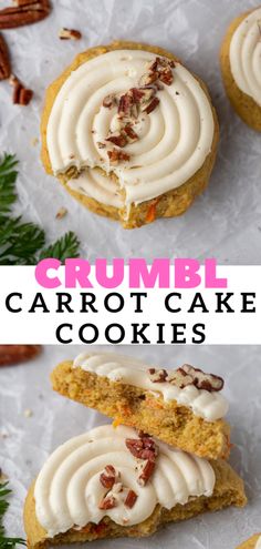 two pictures of carrot cake cookies with cream frosting and pecans on the side