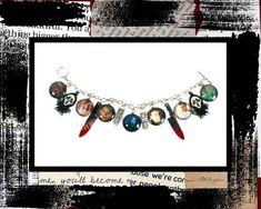 Embrace the thrill of 90s horror with our "Sidney Has a Phone Call" Chunky Charm Bracelet, a must-have for fans of classic slasher films. This unique bracelet features seven vivid image charms, including the iconic Ghost Face, paired with six additional charms that include a vintage cellphone, a menacing knife, and more Ghost Face designs. The chunky, gothic aesthetic of the bracelet is perfect for adding a bold statement to your Halloween ensemble or everyday look. Crafted with meticulous attention to detail, this piece combines nostalgic horror elements with a striking, classic gothic style, making it an essential accessory for any horror aficionado. *7 stainless steel image charms and 6 horror themed charms that are NOT stainless steel (fashion jewelry only) Measurements: Bracelet 7.5 i Vintage Cellphone, 90s Horror, Chunky Charm Bracelet, Slasher Film, Ghost Face, Gothic Aesthetic, Dark Mark, Ghost Faces, Unique Bracelets