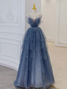 Product NO. :J4363 Dress style ：A line Fabric：Tulle Color: As picture Beaded Party Dress, Gown Blue, A Line Evening Dress, Marine Uniform, Long Prom Gowns, Formal Evening Dress, Bridal Parties, Blue Tulle, Long Prom Dresses