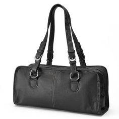 Genuine leather construction 6 1/2H x 13W x 4 1/2D Drop down length: 9 Shoulder straps Zipper closure Interior:4 card slots, zip pocket & slip pocket Leather Style no. 1828  Size: One Size. Color: Black. Gender: female. Age Group: adult. Pattern: Solid. Black Satchel With Zipper Closure, Black Satchel With Silver-tone Hardware For Shopping, Canvas Backpack Purse, Black Leather Satchel With Silver-tone Hardware, Black Satchel Bag With Silver-tone Hardware, Black Satchel With Zipper Closure For On-the-go, Convertible Tote Bag, Brown Belt, Best Handbags