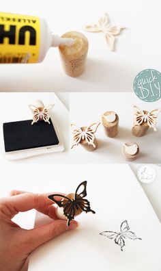 the process for making wooden butterflies is shown in three different stages, including glue and paper