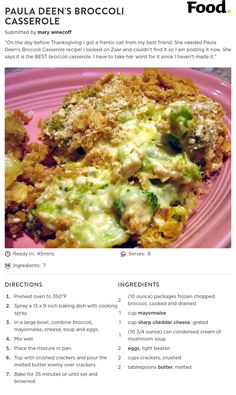 the broccoli casserole is served on a pink plate with information about it