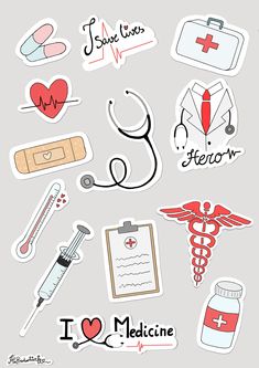 various medical stickers are arranged on a gray background with the words i love medicine