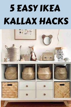 some baskets are sitting on top of a book shelf with the words 5 easy ikea kallax hacks