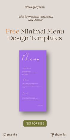 the minimal menu design template is shown in purple and orange colors, with an image of a