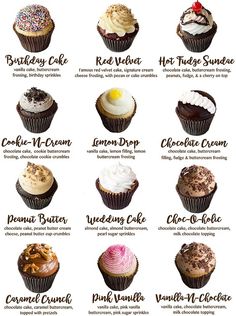 an image of cupcakes that are labeled in different flavors and colors with names