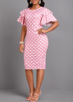 Polka Dot Patchwork Party Dress, Party Polka Dot Patchwork Dress, Polka Dot Patchwork Dress For Party, Elegant Dresses Plus Size, Latest Dress For Women, Women Lace Dress, Bodycon Dresses Casual, Pink Round, Short Sleeve Bodycon Dress