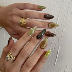 | nails | nails inspiration | nails summer| nail trend | nails idea | nails 2024| nails acryl | nails designs| trendy nails| clean girl nails | Nails Design 2025 Trend, Green And Brown Nails Acrylic, Trending Nails 2025, Brown Aura Nails, Green Aura Nails, Nails Acryl, Nails Clean, Trend Nails, Inspiration Nails