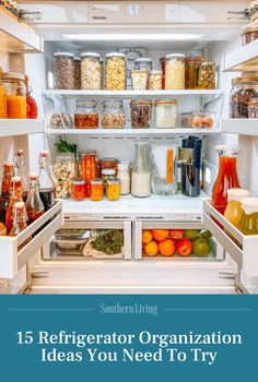 an open refrigerator filled with lots of different types of food and drink in it's doors