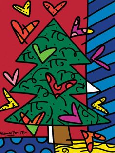 a painting of a christmas tree with hearts on it