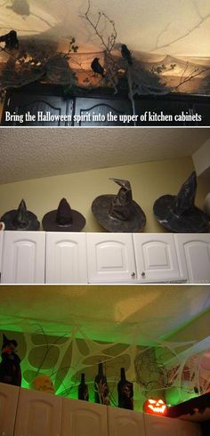 halloween decorations in the kitchen and on the dining room walls, with text overlaying them