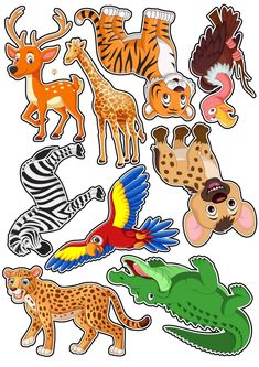 various animal stickers are shown on a white background, including zebras, giraffes and other animals