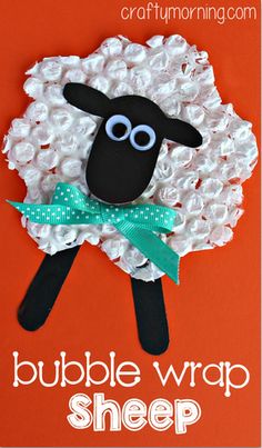 a sheep made out of bubble wrap on an orange background with the words bubble wrap sheep