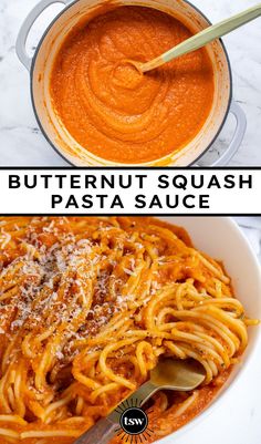 two pictures with different types of pasta and sauce in them, one is butternut squash and the other is pasta sauce