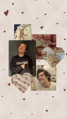 a collage of photos with hearts and other things in the background, including an image of a man smiling