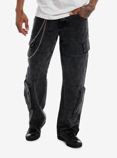 Mix up your denim cargo pants rotation with this black acid wash pair. This pair has cargo pockets on the thighs  zippered pockets on the calves  and a removable waist chain.90% cotton; 6% spandex; 4% other fiberWash cold; dry flatRise: 10"Inseam: 31"Leg opening: 10"ImportedListed in men'sunisex sizesModel is 6'1"Model wears size 32Wx32L Denim With Chains, Edgy Denim Cargo Pants For Streetwear, Urban Distressed Black Cargo Pants, Edgy Streetwear Cargo Jeans With Belt Loops, Edgy Streetwear Cargo Jeans, Edgy Denim Cargo Jeans With Side Pockets, Edgy Black Denim Cargo Pants, Edgy Washed Black Jeans With Cargo Pockets, Acid Wash Cargo Jeans For Streetwear