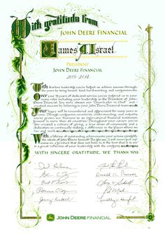 the certificate for john deere financial, inc is shown in green and gold ink