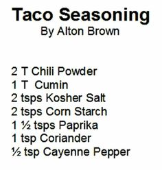 the taco seasoning list is shown in black and white, with instructions for how to