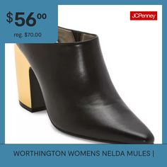 Add a chic and modern touch to any outfit with these Worthington women's Nelda slip-on mules. Made from a durable material with a rubber sole, they feature a sleek black upper with a pointed toe and a 3-inch gold-tone block heel that will standout with every step. Closure Type: Slip-OnShoe Heel Height: 3 InchesUpper/Outer Base Material: 100% PolyuretheneShoe Lining Material: PolyurethaneSole Material Content: 100% Thermoplastic-RubberToe Type: Pointed Toe, Closed ToeCare: Wipe CleanHeel Style: …