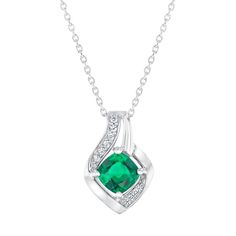 Crafted from sterling silver, this created gemstone necklace makes the perfect accessory piece for any outfit. Featuring a cushion cut created emerald, this pendant is also accented with created white sapphires. This pendant measures 15mm in length and 11mm in width. An 18inch sterling silver cable chain is included with your purchase. Emerald Jewelry With Pave Setting As Gift, Emerald Jewelry With Pave Setting For Gift, Anniversary Jewelry With Pave Setting For May Birthstone, Sterling Silver Emerald Necklace With Diamond Accents, Sterling Silver Necklace With Cushion Cut Diamond Accents, Formal Jewelry With Pave Setting For May Birthstone, Sterling Silver Necklace With Diamond Accents, Sterling Silver Jewelry With Cushion Cut Gemstone Accents, Green Sterling Silver Jewelry With Cushion Cut