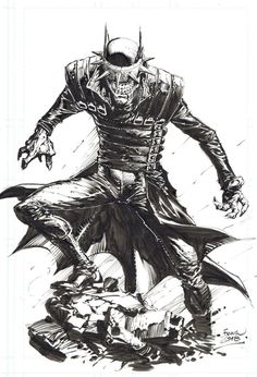 a black and white drawing of a man in a batman costume with his hands on the ground