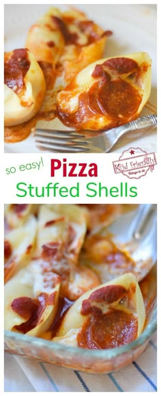 two different pictures of pizza stuffed shells in a glass dish with a fork and spoon