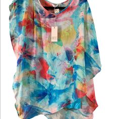 Kaktus Size Medium 2 Piece Sheer Floral Top With Blue Tank Top, Asymmetrical Hem, Polyester, Pinch Style Top Layer, Blues, Red, Pink, Yellow, Orange, Armpit To Armpit 21”, Longest Part 36”, Brand New With Tags Multicolor Asymmetrical Top For Spring, Trendy Blue Blouse For Beach, Spring Multicolor Asymmetrical Top, Asymmetrical Multicolor Spring Tops, Blue Asymmetrical Hem Blouse For Spring, Spring Blue Blouse With Asymmetrical Hem, Blue Asymmetrical Blouse For Spring, Casual Summer Blouse With Asymmetrical Hem, Bohemian Blouse With Asymmetrical Hem For Summer