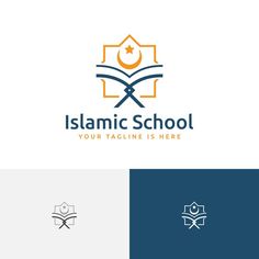 the islamic school logo is designed with an open book and two crossed swords, as well as