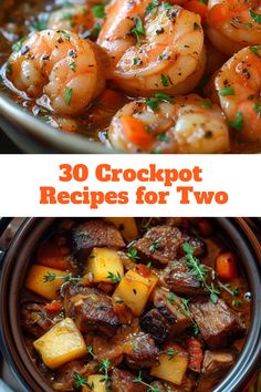 the cover of 30 crockpot recipes for two is shown with shrimp, potatoes and carrots