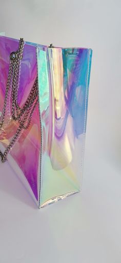 Holo tote bag Shopper purse transparent bag with chain clear | Etsy Trendy Clear Shoulder Bag For Summer, Clear Rectangular Shoulder Bag For Summer, Trendy Iridescent Bags, Rectangular Clear Bags For Summer, Summer Clear Rectangular Bag, Summer Clear Rectangular Bags, Trendy Iridescent Party Bag, Trendy Rectangular Clear Plastic Shoulder Bag, Trendy Clear Plastic Rectangular Shoulder Bag