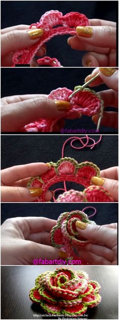 crocheted flower being worked on by someone using the same thread as they do