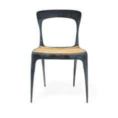 a black chair with a striped seat pad on it's back and sides, against a white background