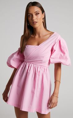 Sula Mini Dress - Asymmetric Off One Shoulder Puff Sleeve Dress in Pink | Showpo USA One Peace Dress, Pink Puff Sleeve Dress, Vestidos Para Baby Shower, Senior Party, Minimalist Moda, Rush Outfits, Shoulder Puff Sleeve, Short Long Dresses, Ring Ceremony