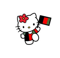 a hello kitty holding a flag in its hand and wearing a red, white, and black shirt