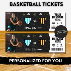 two basketball ticket templates with an image of a woman holding a basketball on the court