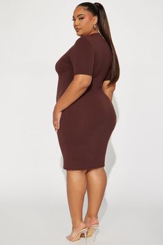 Available In Chocolate. Ribbed Midi Dress High Neck Short Sleeve Stretch 60% Polyester 35% Rayon 5% Spandex Imported | Zazie Ribbed Midi Dress in Chocolate Brown size Medium by Fashion Nova Brown V-neck Ribbed Dress, Brown Stretch V-neck Bodycon Dress, Stretch Brown V-neck Bodycon Dress, Brown Ribbed Stretch Dresses, Chocolate Fashion, Dress High Neck, Ribbed Midi Dress, Plus Size Shorts, Chocolate Brown