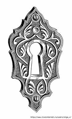 an ornate keyhole in black and white