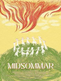 the poster for midsomear shows children in front of a large fire and clouds