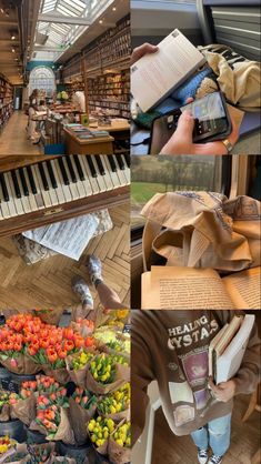 a collage of photos with books, flowers and an old piano in the background