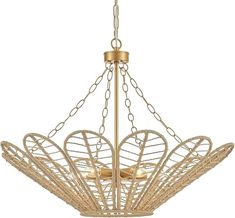 a gold chandelier with hearts hanging from it's center chain and two lights on each side