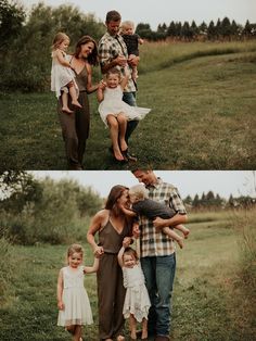 a family is standing in the grass with their two children and one adult holding them