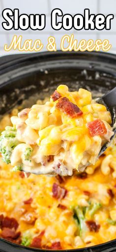 slow cooker macaroni and cheese with broccoli in the crock