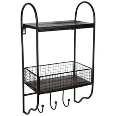 a black metal shelf with two hooks on it