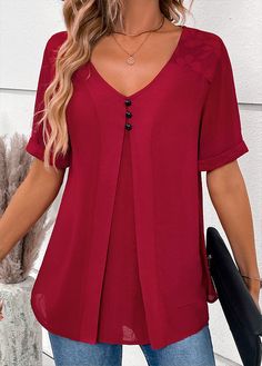 Maroon Shirt Outfit, Short Sleeve Lace Blouse, Cotton Night Dress, Tops Sewing, Womens Henley, Plaid Shirt Women, Elegant Outfit Classy, Maroon Shirts, Long Dress Casual