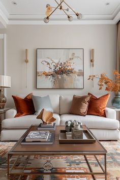 a living room filled with lots of furniture and decor on top of a carpeted floor