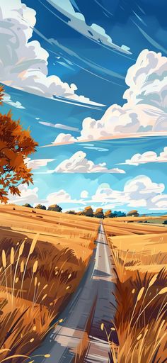 a painting of an empty road in the middle of a field with trees and clouds