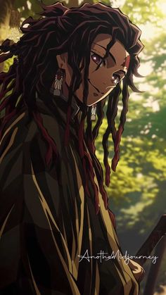 an anime character with dreadlocks standing in front of trees and looking at something