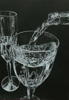 a chalk drawing of two wine glasses and a bottle being poured into one glass by a corkscrew