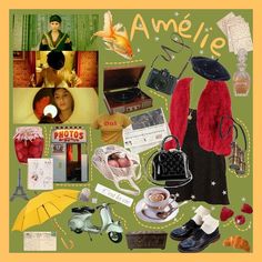 a collage of various items including an umbrella