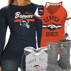 a women who is wearing an orange and black shirt, jeans and boots with the denver football team on them